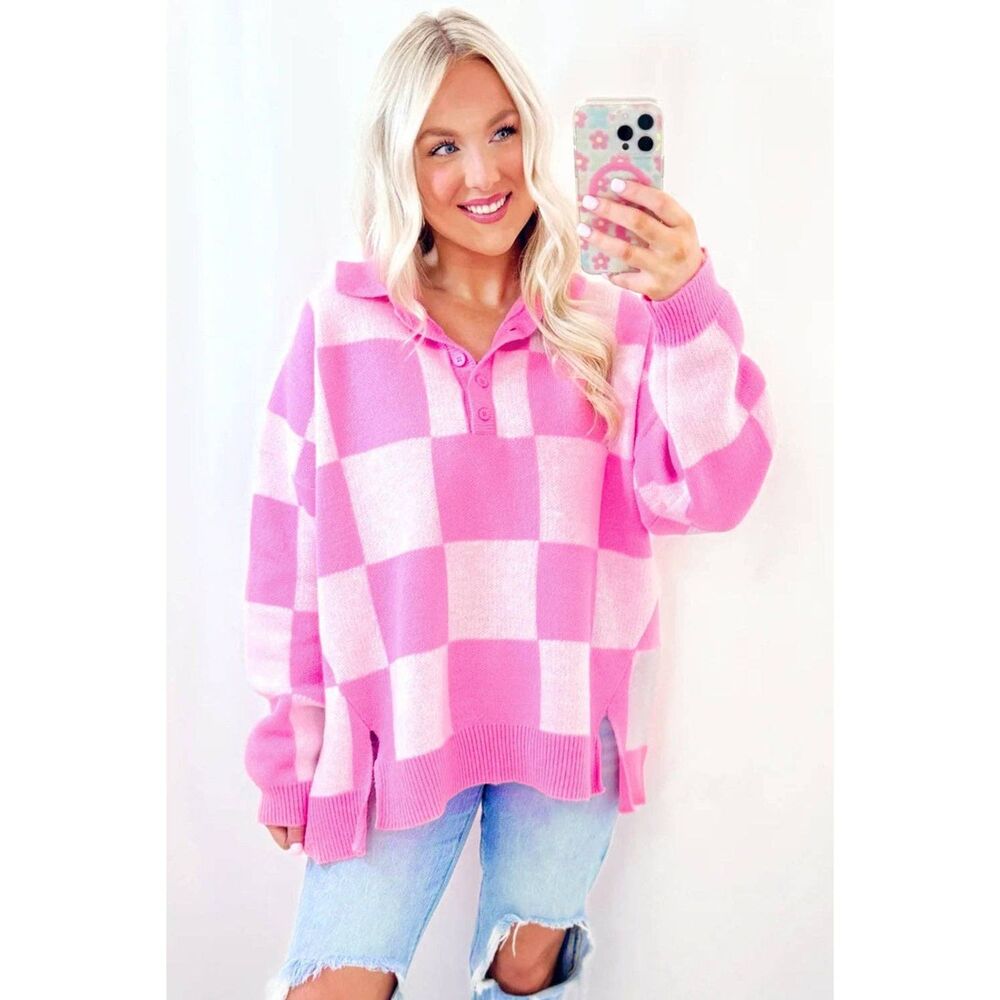 Pink Checkerboard Half Button Collared Drop Shoulder Sweater - Picture 3 of 5